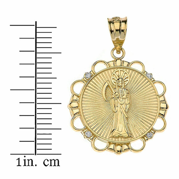 Solid 10k Yellow Gold Gold Diamond Santa Muerte Circle Pendant Necklace