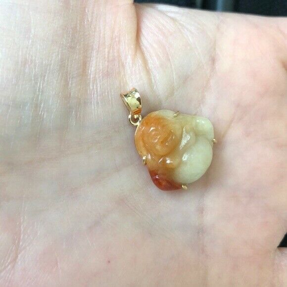 18K Solid Gold Happy Laughing Buddha Natural Red Jade Pendant -600 Small kids sz