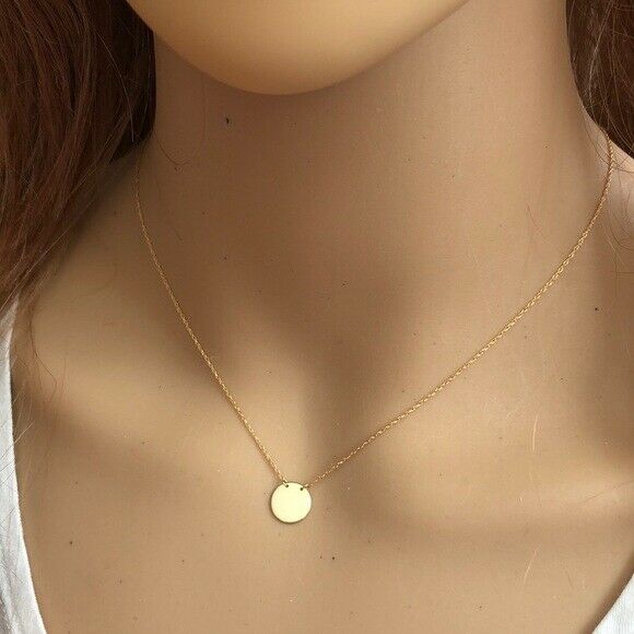 14K Solid Gold Mini Disk Round Disc Dainty Necklace - Minimalist Adjust 16"-18"