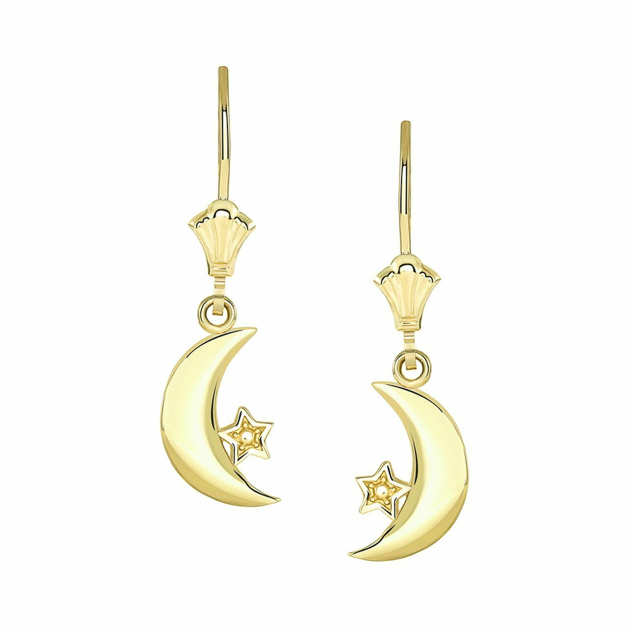 10K Solid Yellow Gold Crescent Moon and Star Leverback Earrings
