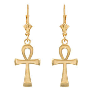 14k Yellow Gold Ancient Egyptian Ankh Cross Drop / Dangle Leverback Earrings