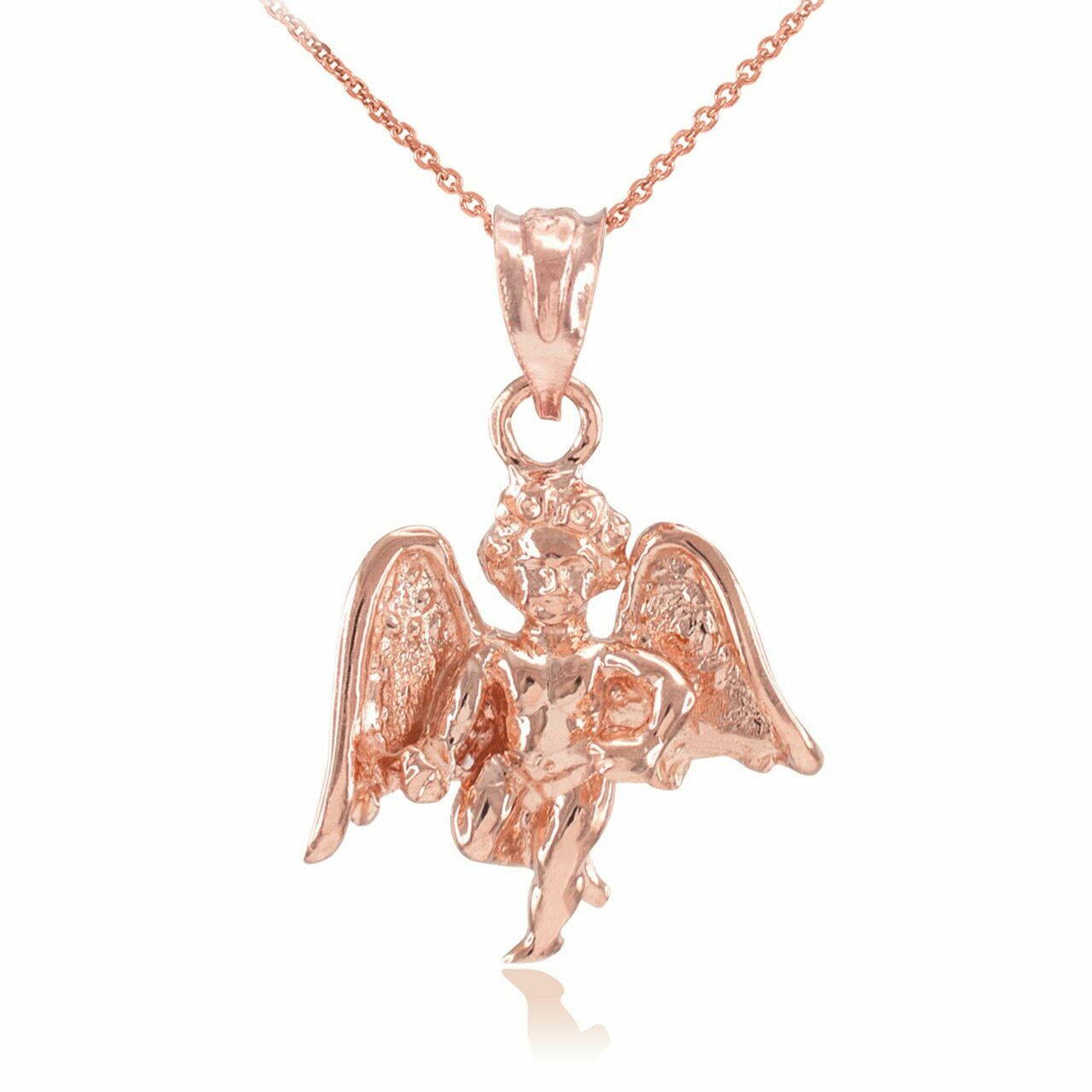 14k Solid Rose Gold Guardian Angel Charm Pendant Necklace