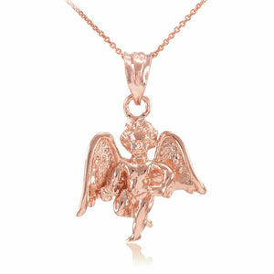 14k Solid Rose Gold Guardian Angel Charm Pendant Necklace