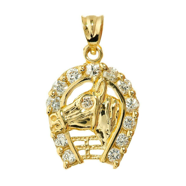 10K Solid Yellow Gold CZ Horseshoe with Horse Head Charm Pendant Necklace