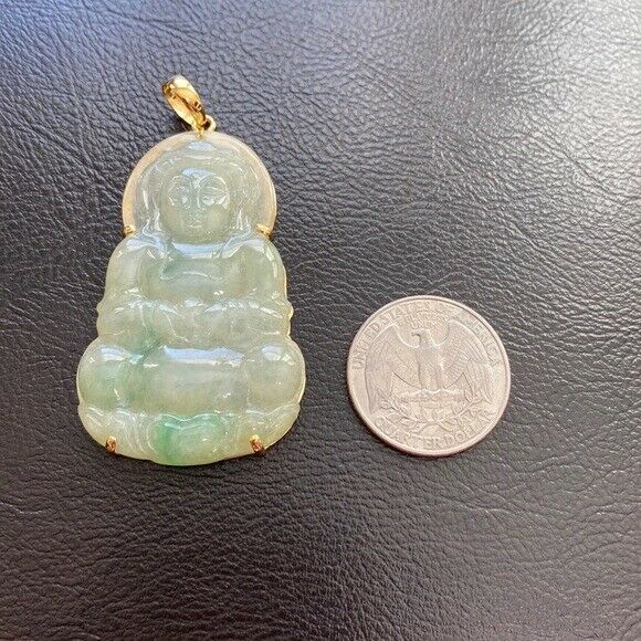 14K Solid Gold Lady Tara Buddhist Buddha Natural Jade Pendant Bodhisattva