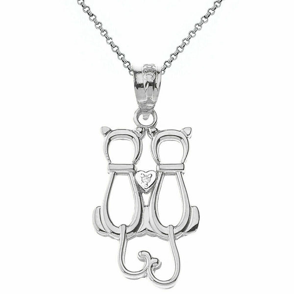 925 Sterling Silver A Pair of Love Cats Heart CZ Openwork Pendant Necklace