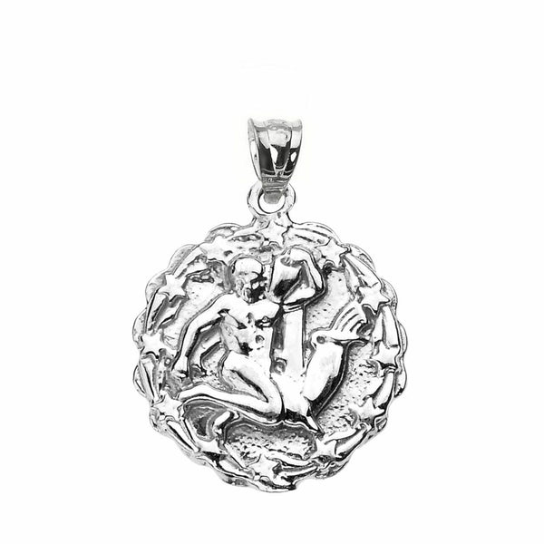 925 Sterling Silver Aquarius February Zodiac Sign Round Pendant Necklace