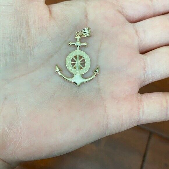 14K Solid Yellow Gold Mariner's Anchor Compass Pendant Necklace