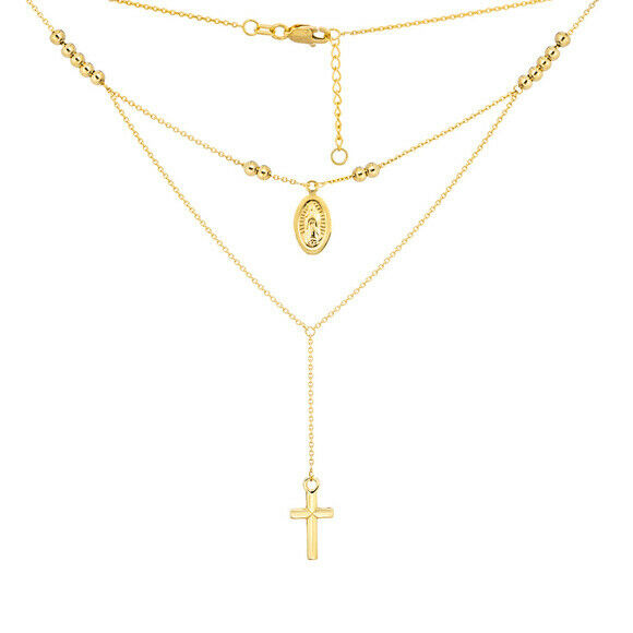 14K Solid Gold Dangle Virgin Mary Cross Bead Necklace 16"-18 Adjustable Layer