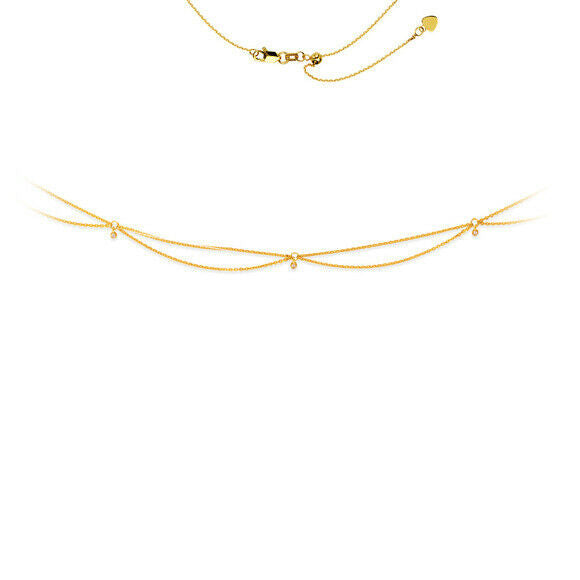 14K Solid Yellow Gold Diamond Dangle on Drape Choker Necklace 17" Adjustable