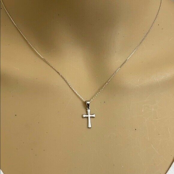 10K Solid White Gold Round Mini Small Cross Pendant Necklace 16" 18" 20" 22"