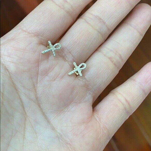 10K Solid White Gold Diamond Mini Ankh Cross Stud Earrings