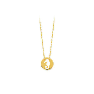 14K Solid Yellow Gold Mini Disk Cutout Seahorse Dainty Necklace - Minimalist
