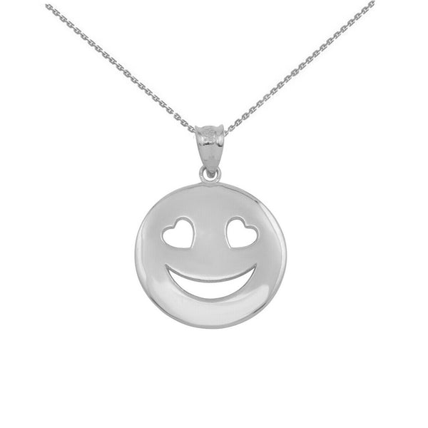 925 Sterling Silver Heart Eyes Smiley Face Pendant Necklace
