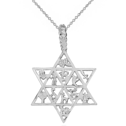 Sterling Silver Jewish Star David Charm 12 Tribes of Israel Pendant Necklace