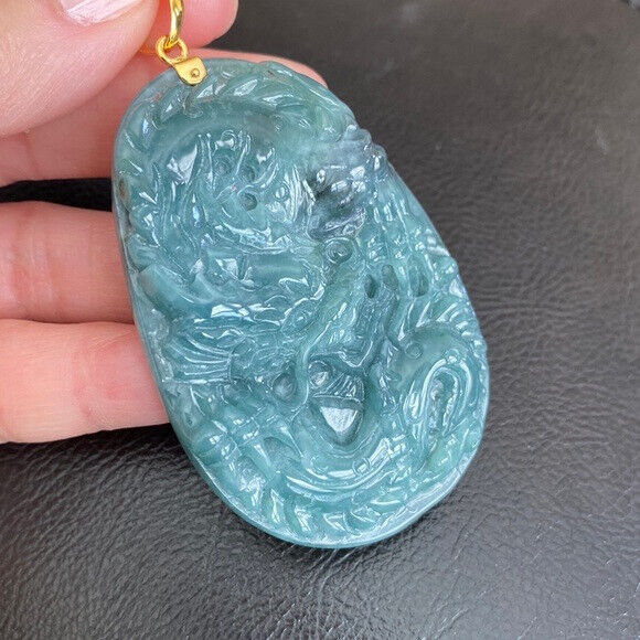 14K Solid Real Gold Carved Dragon Natural Jade Pendant Oval Large Men
