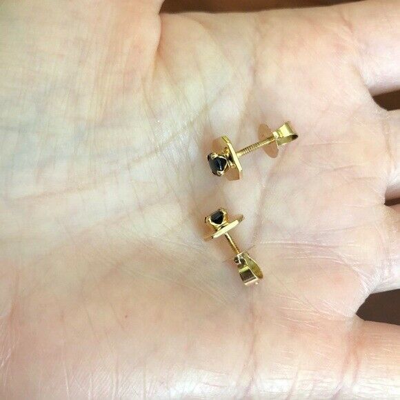 14K Solid Yellow Gold Mini Screw Back Natural Sapphire Earrings