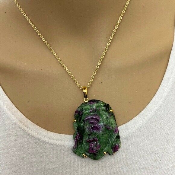 14K Real Solid Gold Natural Ruby Carved Jesus Christ Head Pendant Charm Large