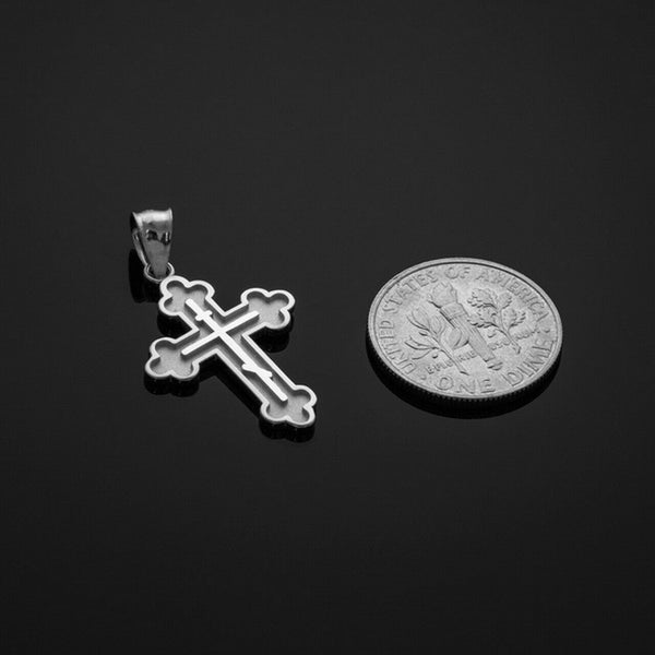 10k Solid White Gold Eastern Orthodox Christian Cross Charm Pendant Necklace