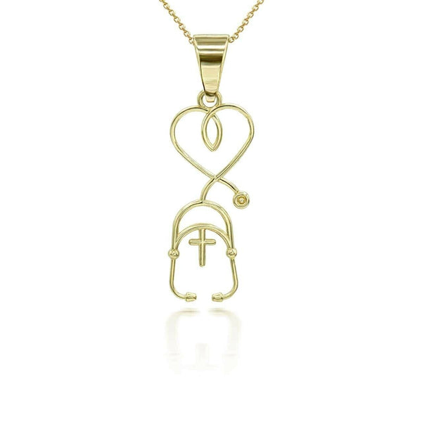 14K Solid Gold Stethoscope Cross Pendant Necklace  - Yellow, Rose, White