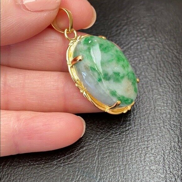 14K Solid Fine Real Yellow Gold Oval Green Natural Jadeite Jade Pendant