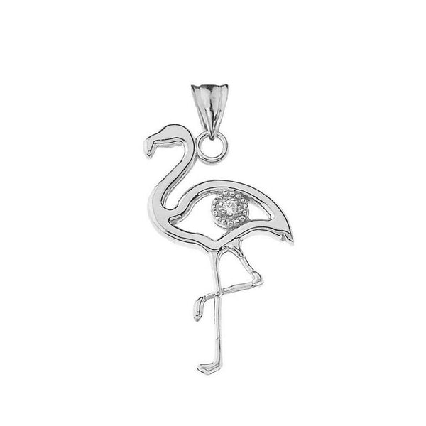 14k Solid White Gold Diamond Flamingo Pendant Necklace