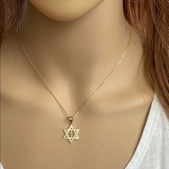 Solid 10k White Gold Jewish Star of David and Cross Pendant Charm Necklace