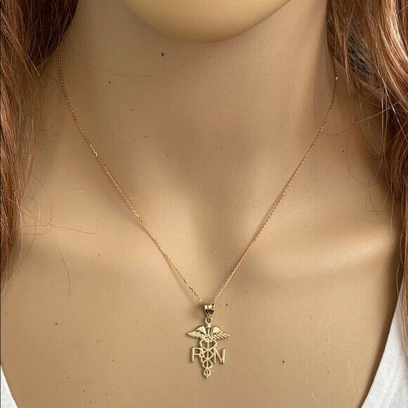 14K Solid Gold Caduceus Medical RN Registered Nurse Herald Staf Pendant Necklace