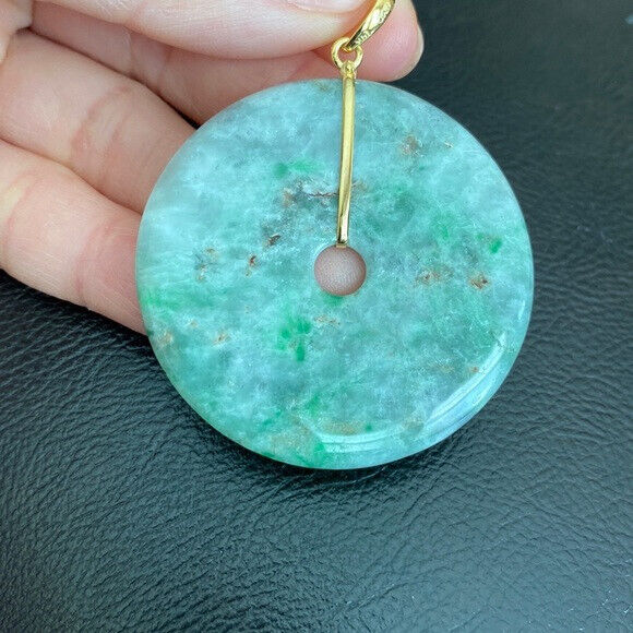 14K Solid Yellow Gold Round Large Donut Natural Jade Pendant Charm Green