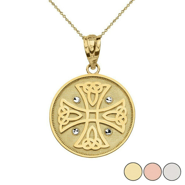 10k Solid Yellow Gold Celtic Knot Cross Disc Medallion Pendant Necklace