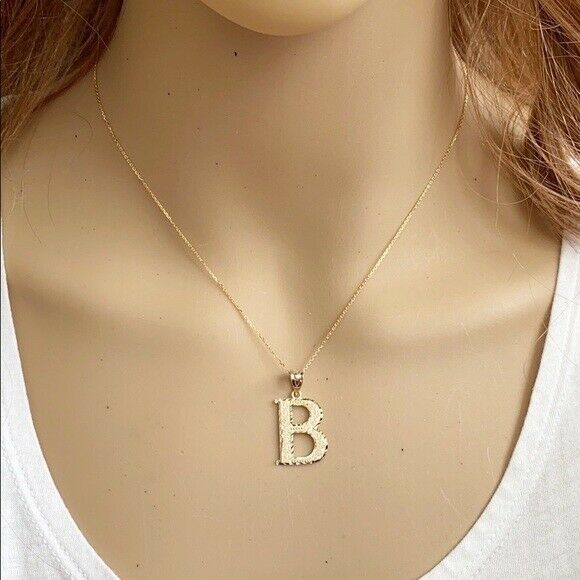 10k Solid Real Yellow Gold Initial Letter B Pendant Necklace - Diamond Cut