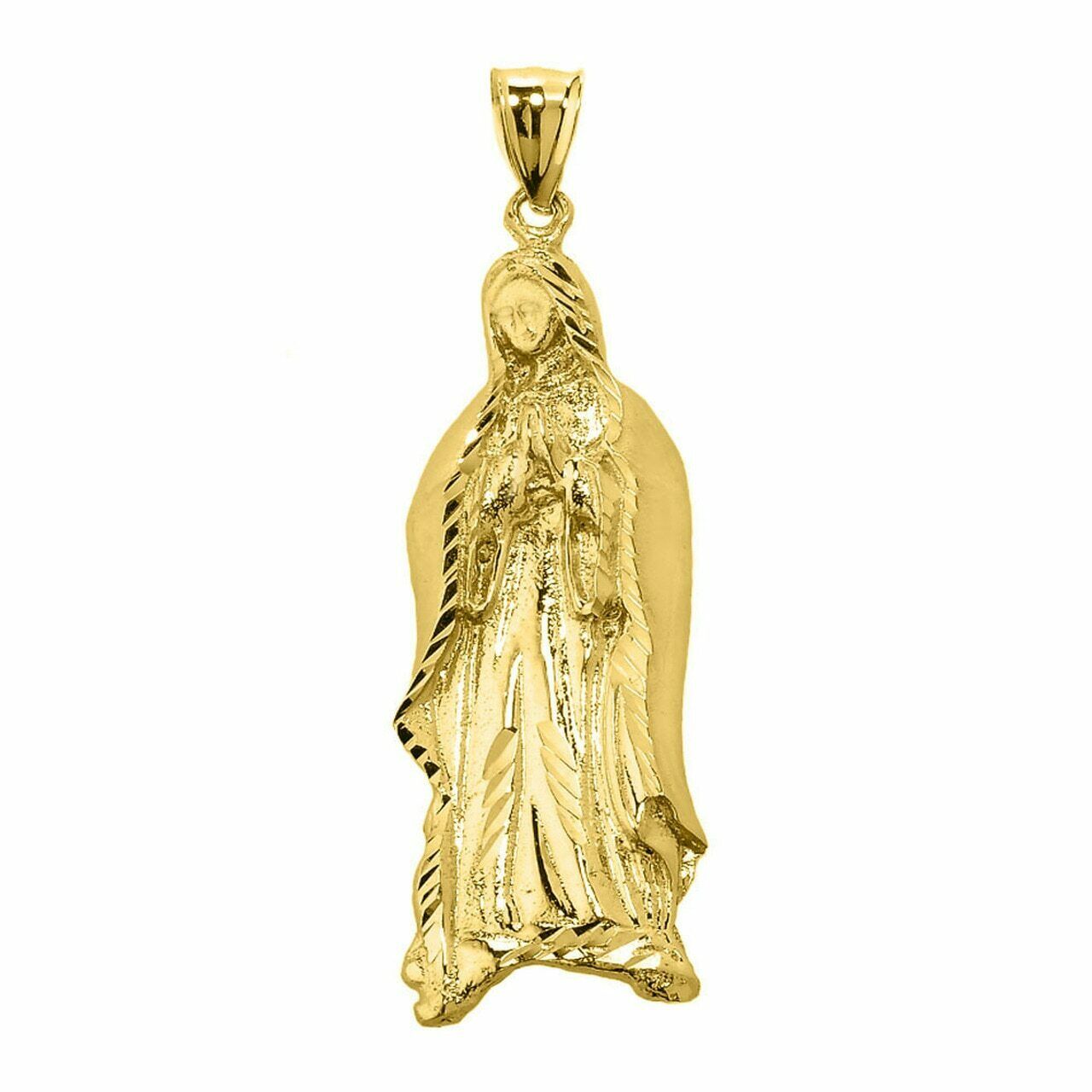 Solid 14k Yellow Gold Virgin Mary Santa Maria Diamond Cut Pendant Charm