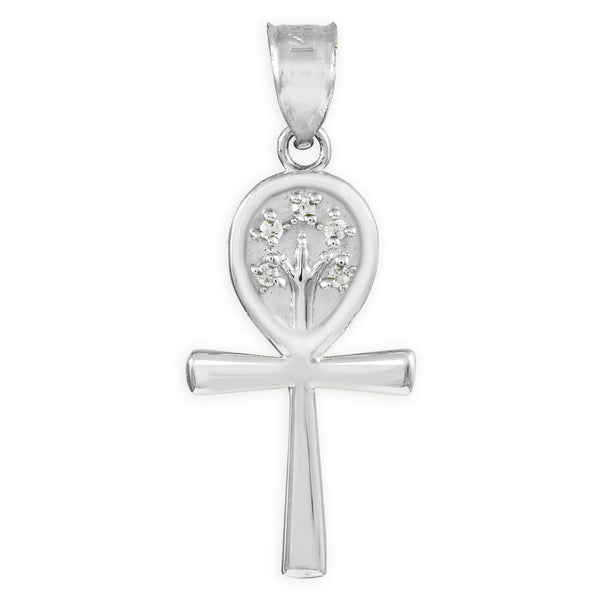 Sterling Silver Egyptian Ankh Cross CZ Tree of Life Pendant Necklace Made in US