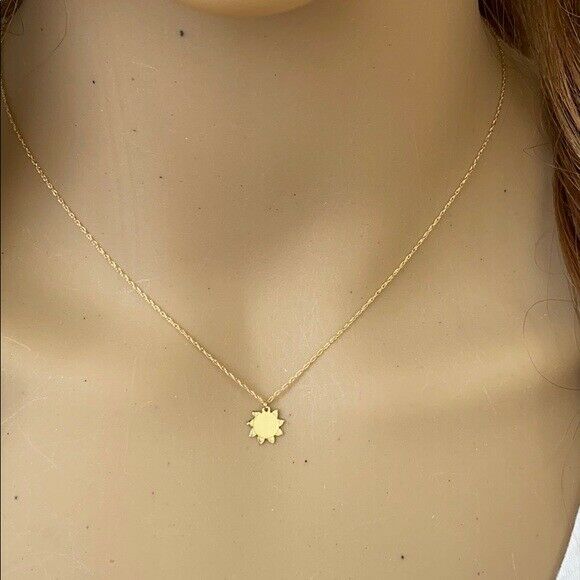 14K Solid Real Yellow Gold Mini Small Sun Pendant Dainty Necklace - 16"-18"