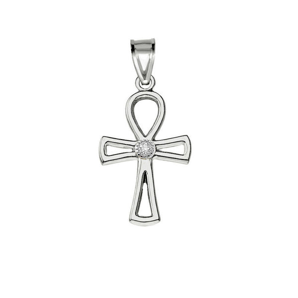 925 Sterling Silver CZ Ancient Egyptian Ankh Cross Openwork Pendant Necklace