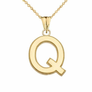 10k Solid Gold Small Milgrain Initial Letter Q Pendant Necklace Personalized