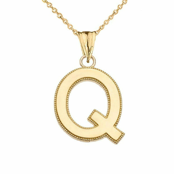 10k Solid Gold Small Milgrain Initial Letter Q Pendant Necklace Personalized