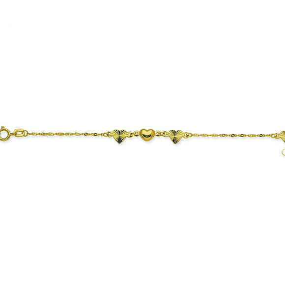 14K Solid Gold Puff Heart DC Station Anklet - Yellow 9"-10" adjustable