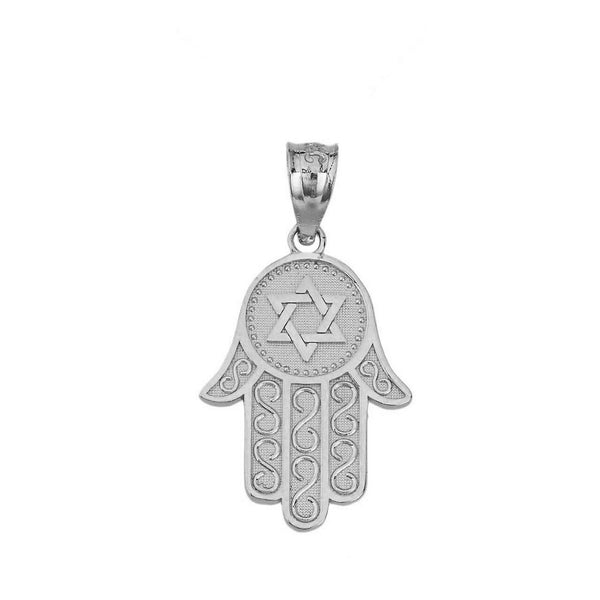 10k or 14k Solid Gold Star Of David Hamsa Hand Textured Pendant Necklace