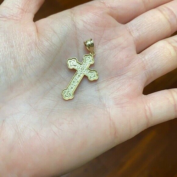 Solid Yellow Gold 14K Greek Orthodox Floral Rose Cross Pendant Necklace