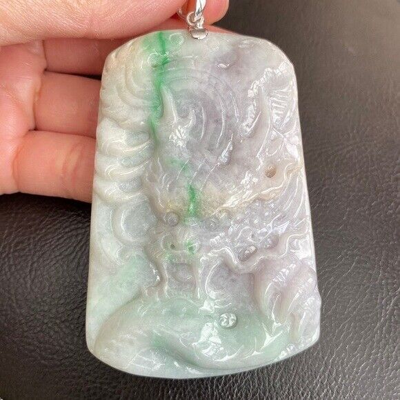 925 Sterling Silver Carving Jade Dragon Large Pendant Necklace Heavy