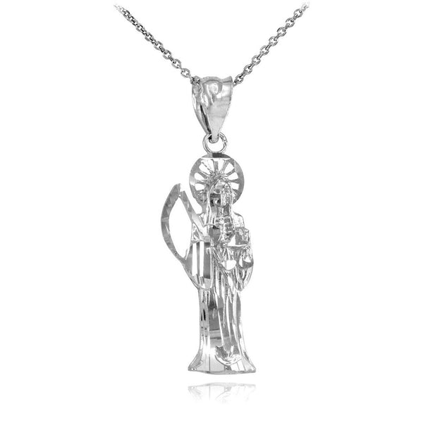 10K Real White Gold Santa Muerte Charm Pendant Necklace 16" 18" 20" 22"