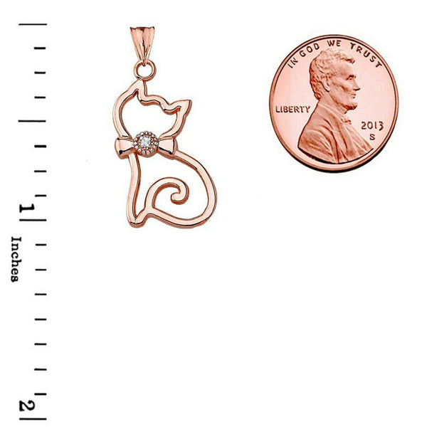 Solid 14k Rose Gold Openwork Diamond Cat Pendant Necklace