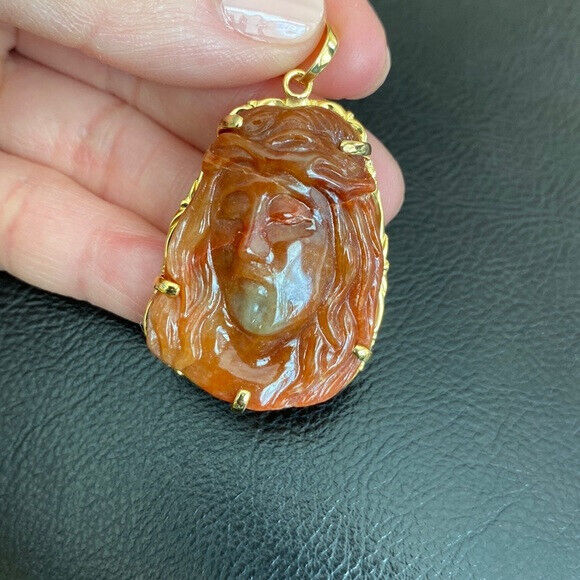 14K Real Solid Gold Red Jade Carved Jesus Christ Head Pendant Charm