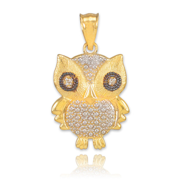 10K Solid Gold Owl Diamonds Pendant Necklace - Yellow, Rose, or White