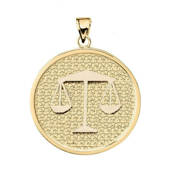 10K Solid Gold Libra Zodiac Sign Disc Round Pendant Necklace 16" 18" 20" 22"
