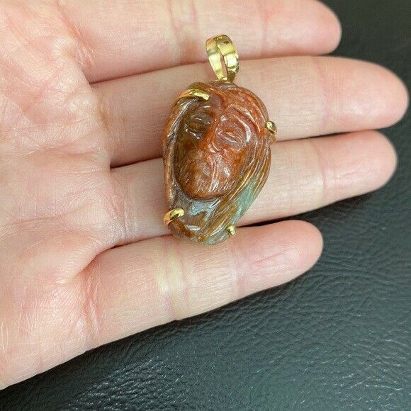 14K Real Solid Gold Natural Jade Carved Jesus Christ Head Pendant Charm