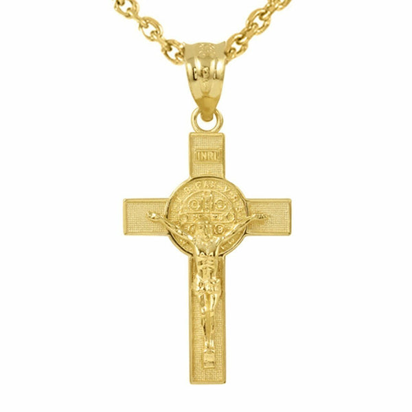 14K Solid Yellow Gold Large St. Benedict Crucifix Cross Pendant Necklace 1.6"