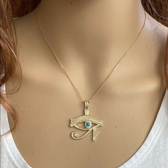 10k Yellow Gold Egyptian Protect Eye of Horus Turquoise Stone Pendant Necklace