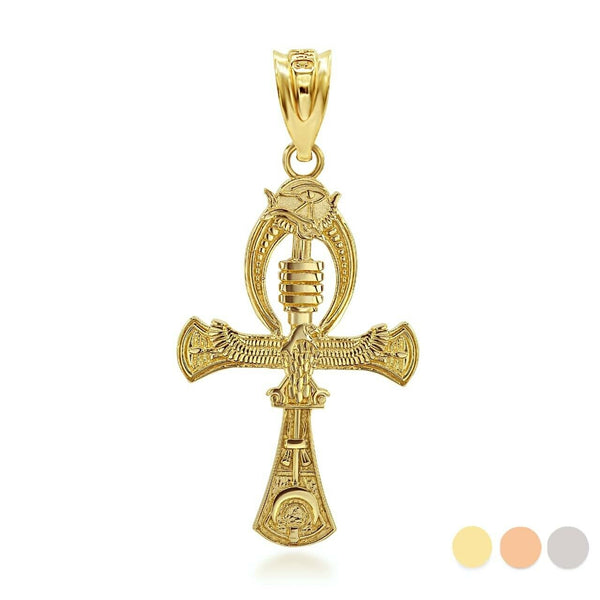 14K Solid Gold Egyptian Ankh 3D Pendant Necklace - Yellow, Rose, or White Gold